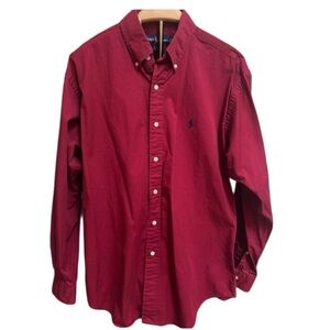 Ralph Lauren Men's Deep Red Button-Down Shirt With Blue Embroidered Pony Size M